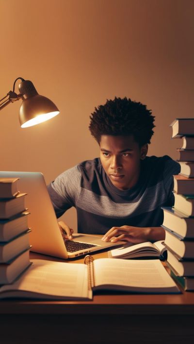 Um jovem estudando em meio a muitos livros