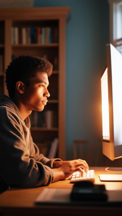 Um jovem estudando em frente a um notebbok